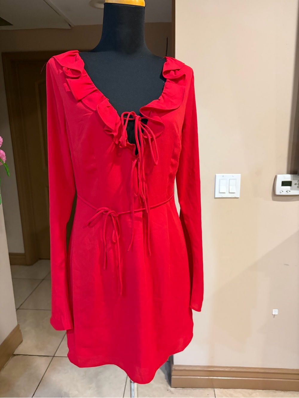 wild fable Red Long-Sleeve Ruffle Tie-Front Dress